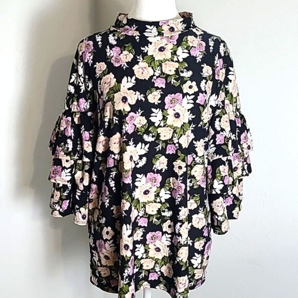 Touch Me Floral Mock Turtleneck Blouse with Layers on Sleeves, Size 3X - Picture 2 of 8